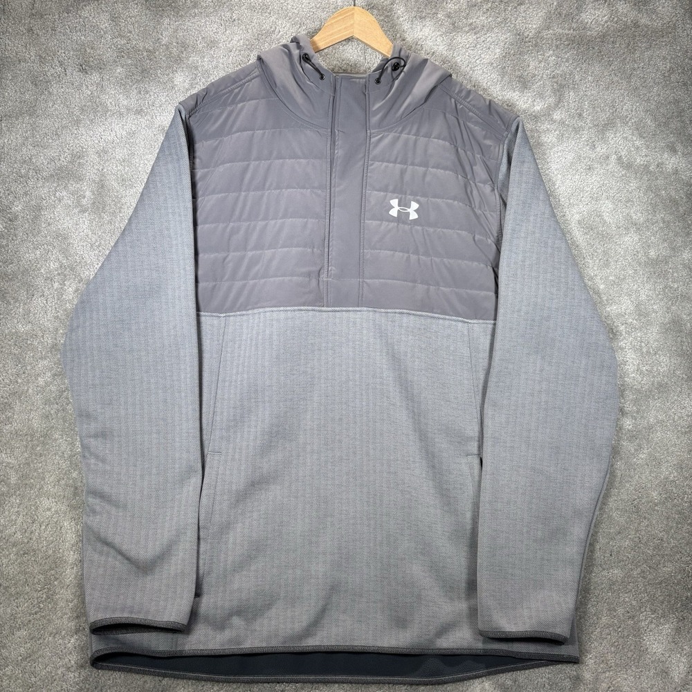 Under Armour Pullover Jacket Mens 4XL Gray Herringbone Hooded Quilted Snap Front